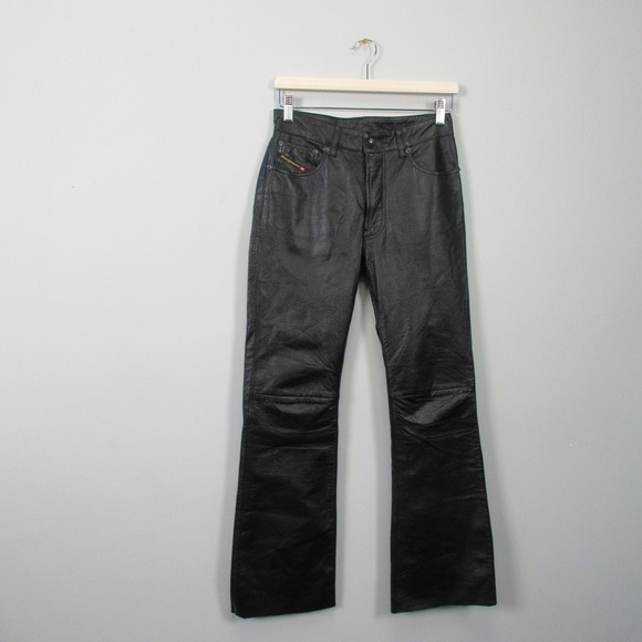 Diesel Genuine Leather Pants Womens Bootcut 26 Black Moto Low Rise Vtg Y2k 644 - Picture 1 of 16